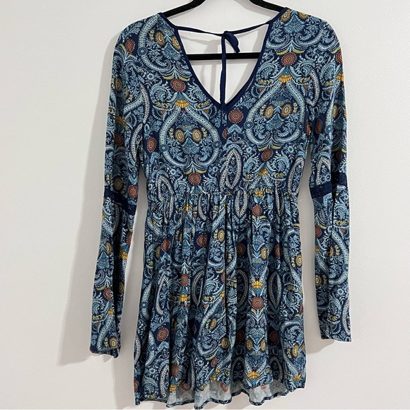 Band of Gypsies Blue Fit and Flare Dress Size S Long Sleeve Bohemian Sunflower - Picture 2 of 7